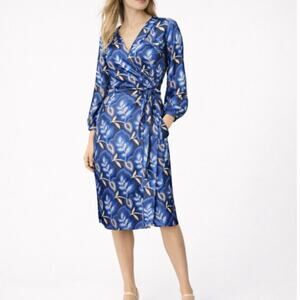 J. McLaughlin Blue Seville Silk Floral Long Sleeve Wrap Midi Dress Sz S